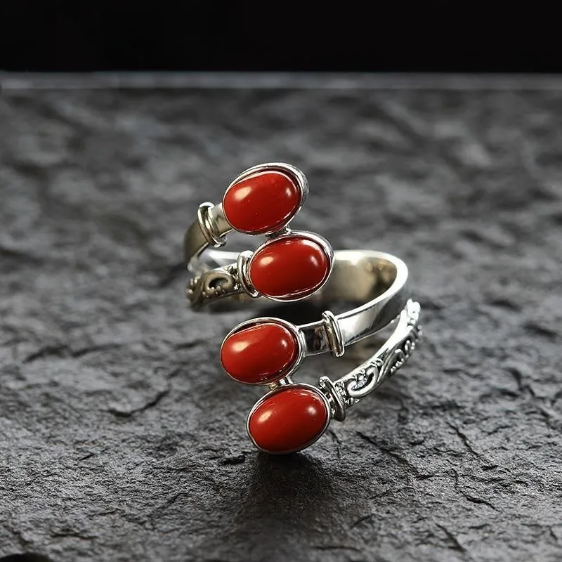 

Vintage Red Turquoise & South Red Agate Ring, Ethnic Style Adjustable Open Band, Long Bold Statement Finger Ring