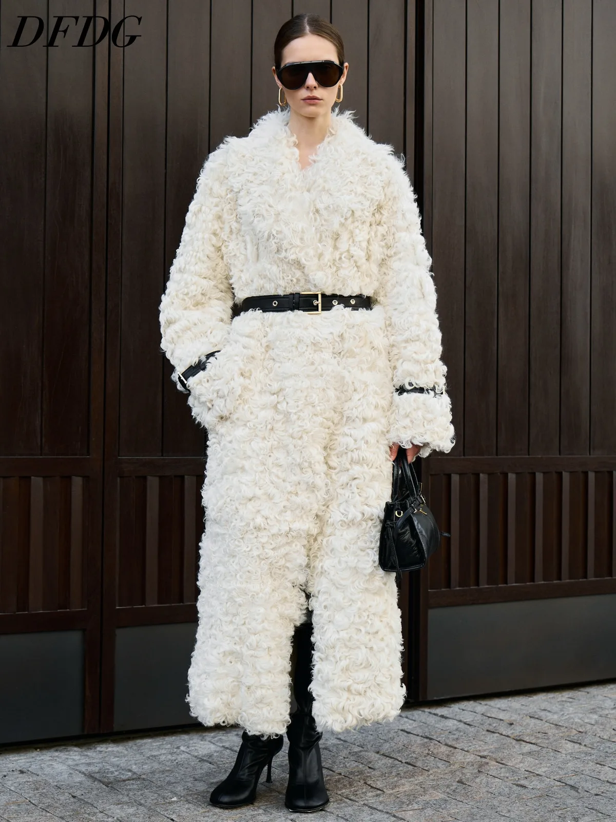 DFDG Women 2026 Long Curly Faux Fur Maxi Coat Belted Waist V Neck Warm Thick Winter Full Length Fashion Outerwear Fashion Coat