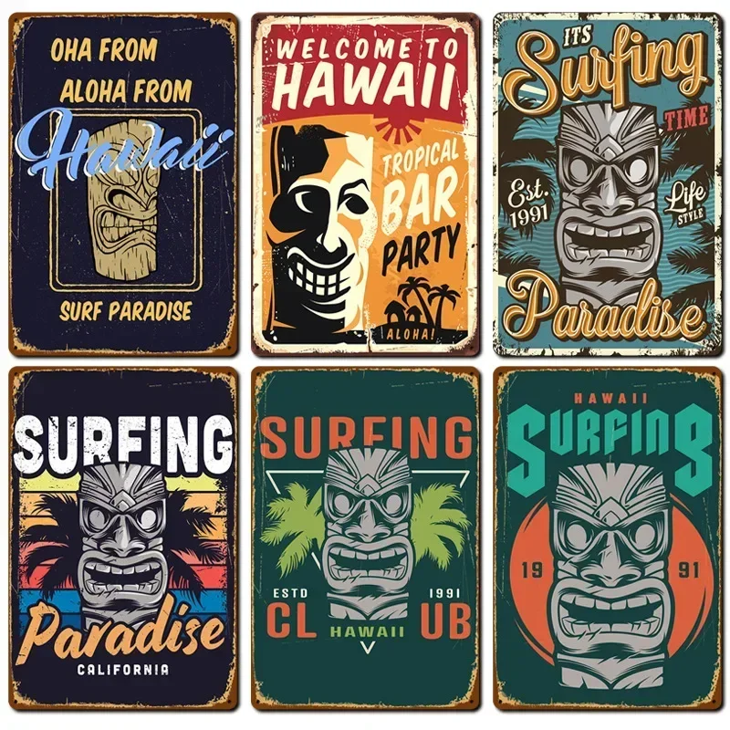 Aloha Tiki Bar Poster Aluminum Sign Vintage Beach Party Bar Pub Wall Decor Metal Plate Retro Hawaii Surfing Plaques