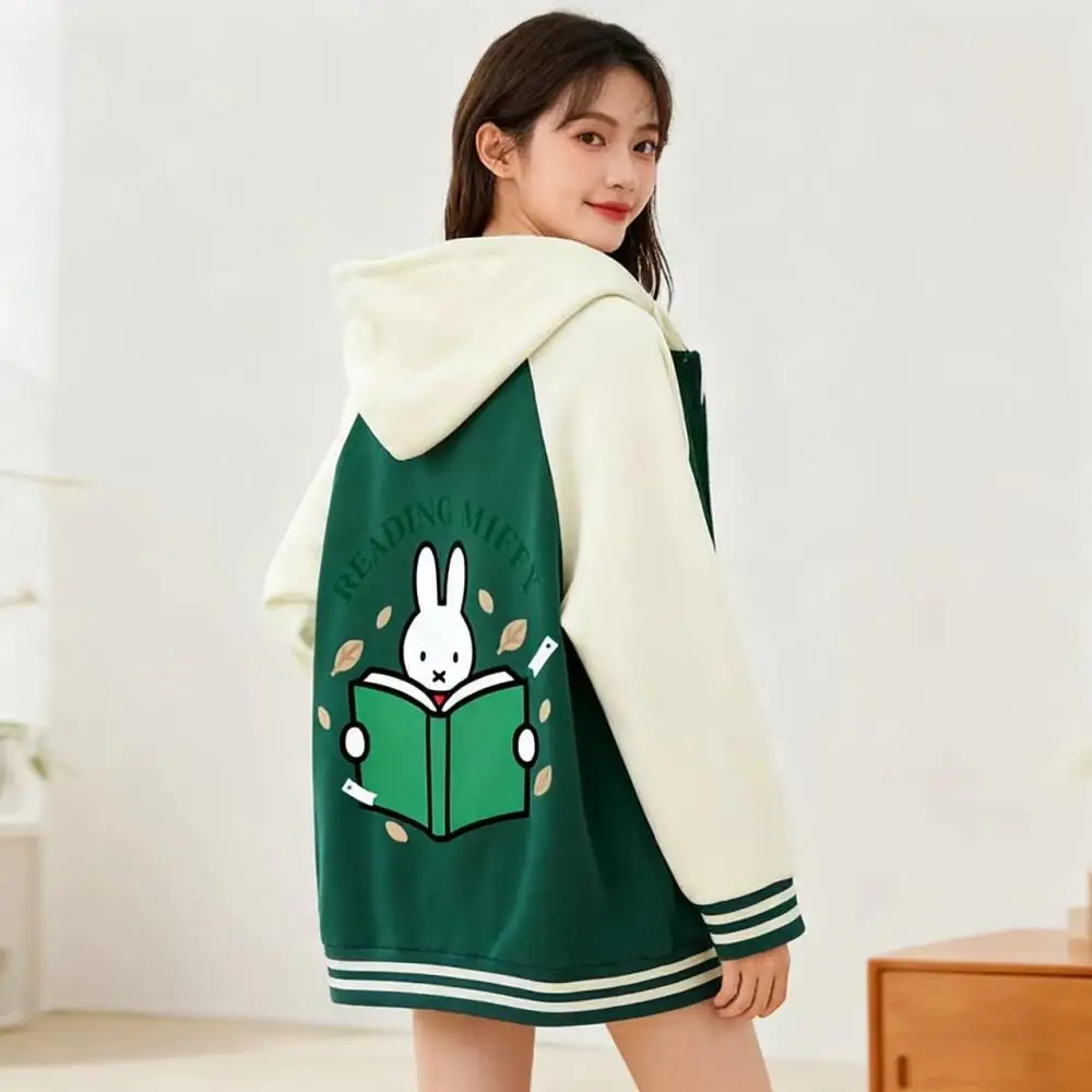 

Бейсбольная майка Miffy, куртка с капюшоном и толстовкой на молнии, милый мультяшный стиль для пары, свободная спортивная одежда, одежда с принтом