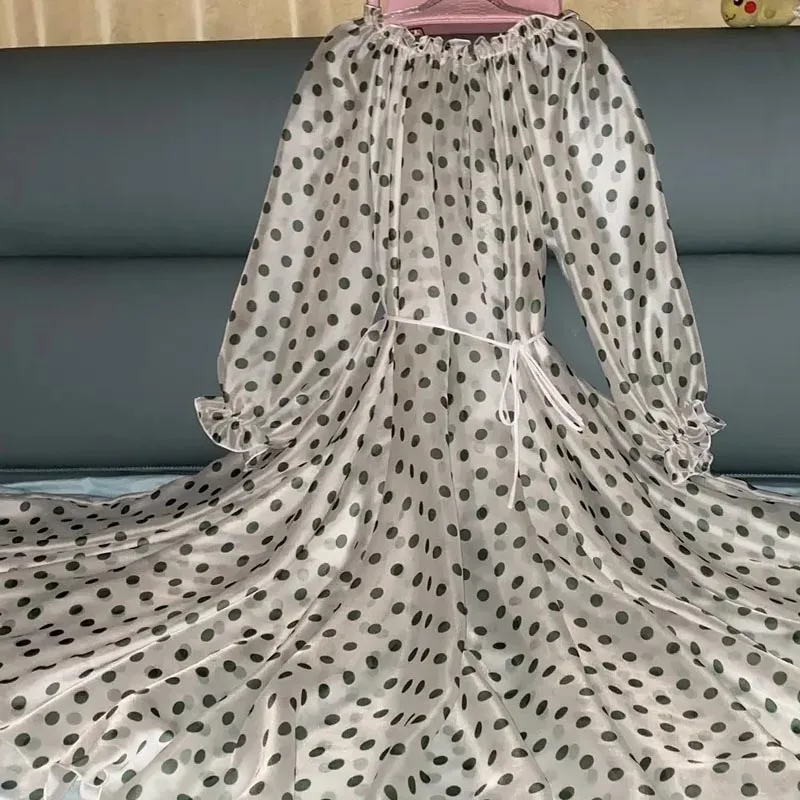 

Sexy See Through Men Women Long Dress Silk Floral Print Glossy Ruched Loose Maxi Night Dress Plus Size Soft Silky Sleeping Robe