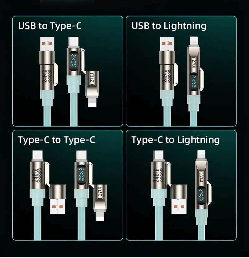 Type C Light Silicone Multi Function Digital Display Lightning Charging USB C 4in1 Fast Charge Data Cable for i Pone17promax/16