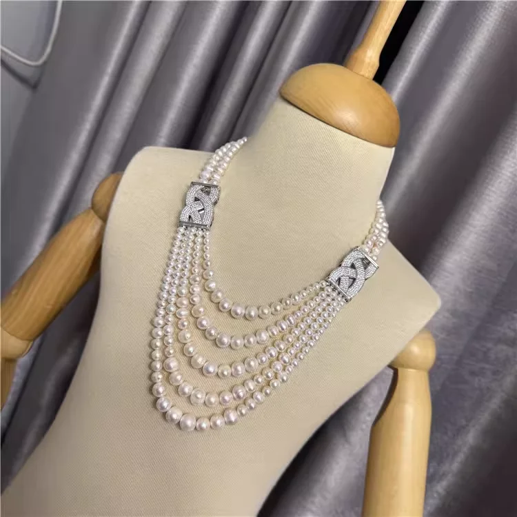 Mulit-layer Cultured Rice Pearl Necklace Silver Plated Connector Jewelry Gifts