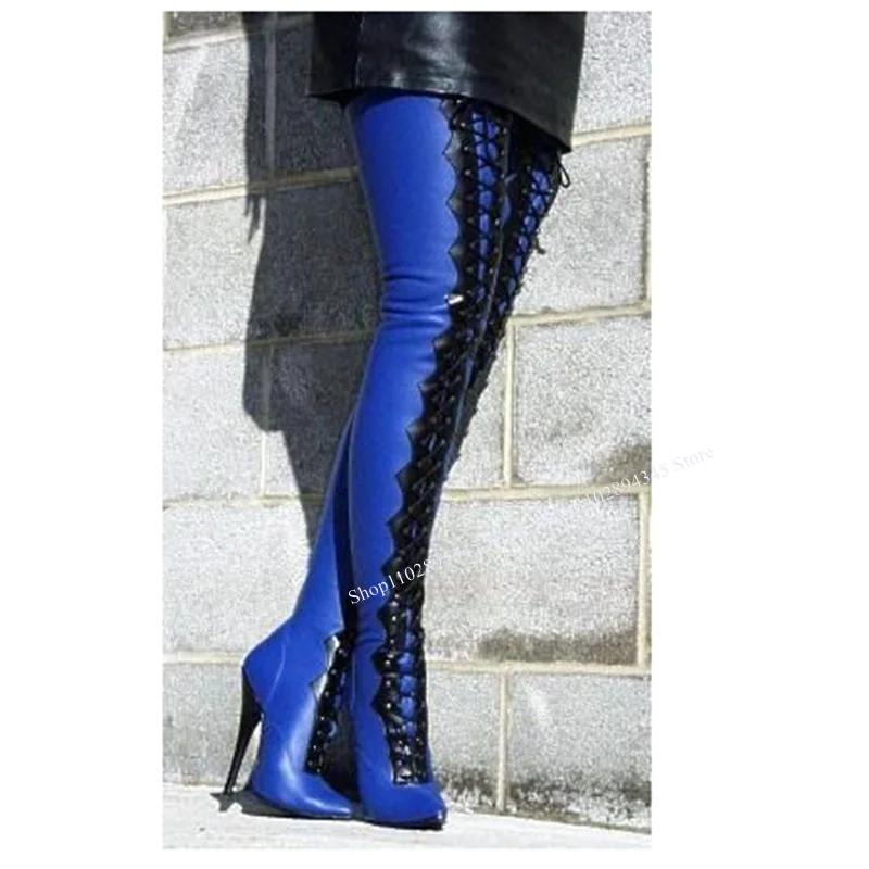 Blue Lace Up Over Knee High Boots Thin High Heel Leather Fashionable Sexy Cool Winter Big Size Woman Shoes Zapatillas Mujer