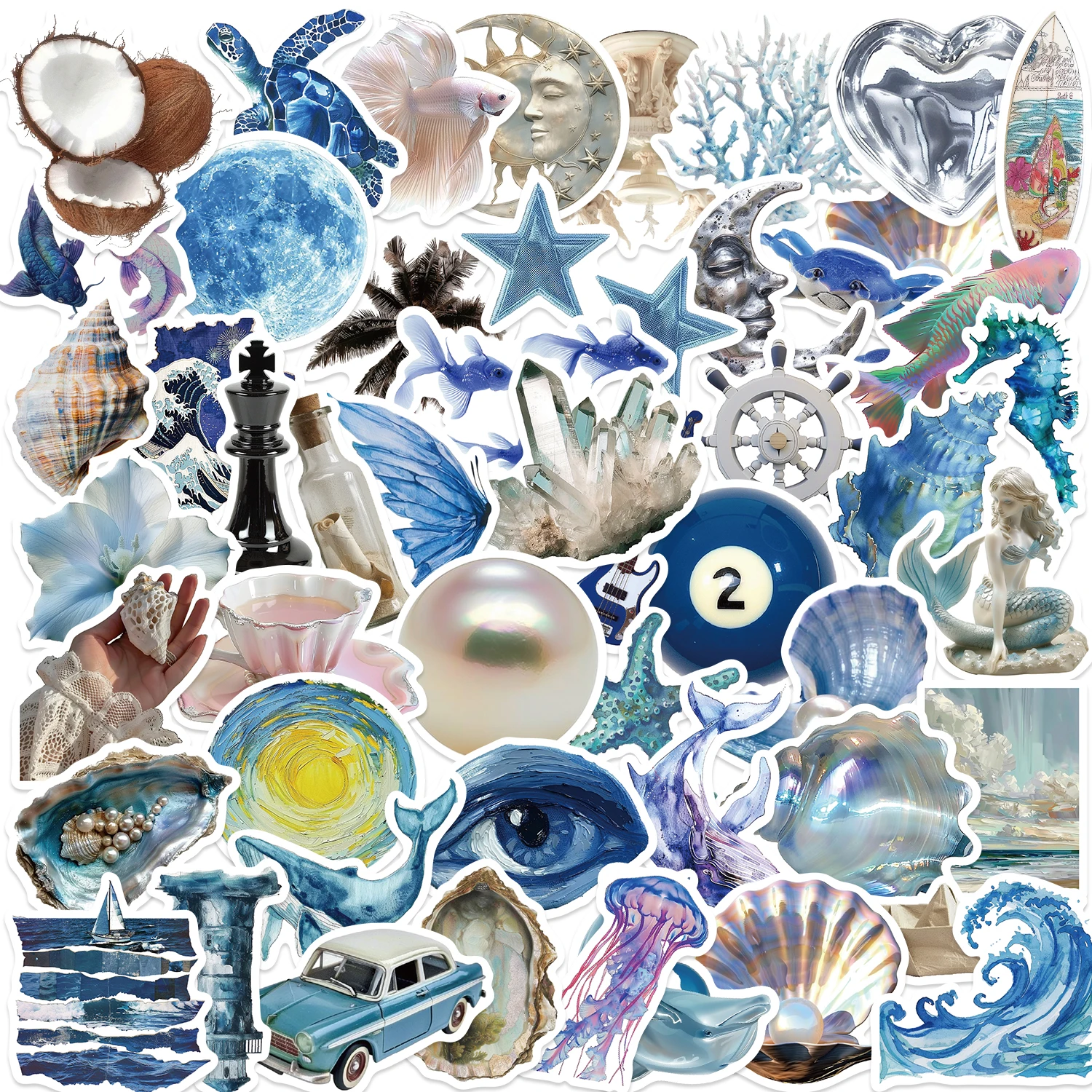 50/100 Stück Silberblaue Meeres-Aufkleber, wasserdichte Graffiti-Cartoon-Sticker für Gepäck, Laptop, Gitarre, Telefon, Skateboard-Dekor