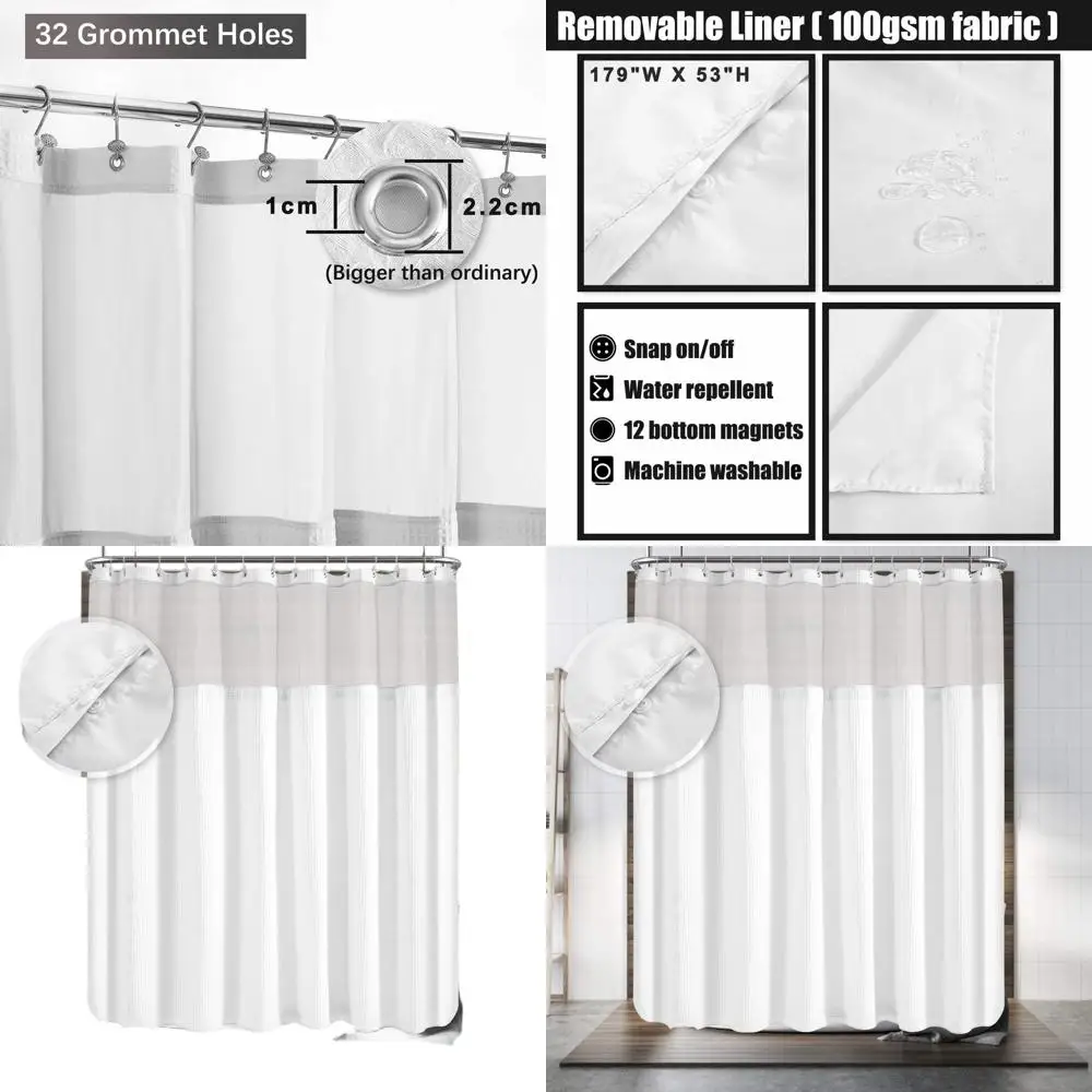 

Mesh Window Top Shower Curtain with Washable Cotton Blend Liner, 180x70 Inches, White