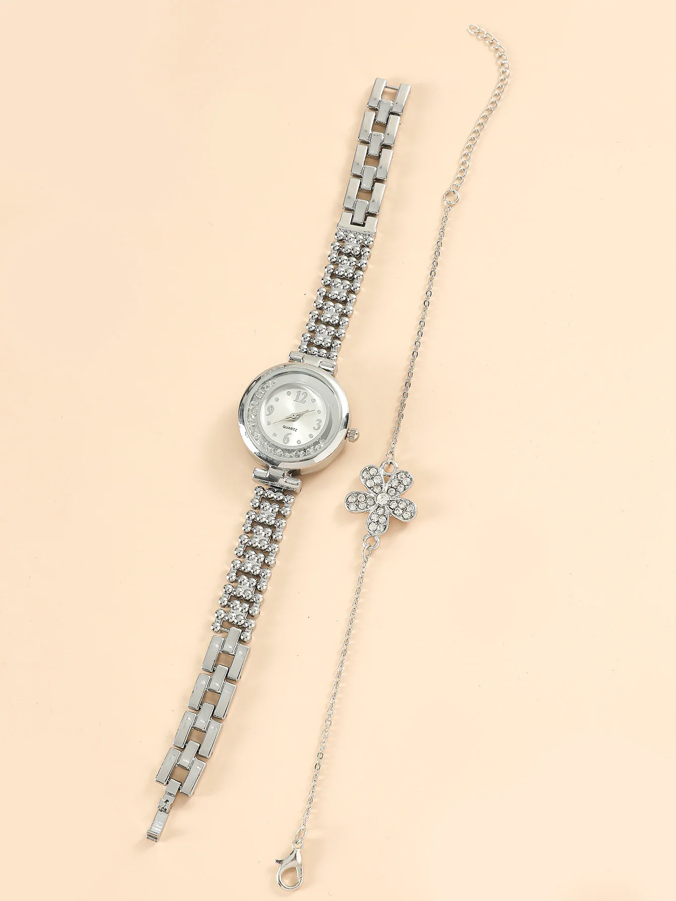 A Silver Stylish Lady With Rhinestone Quartz Bracelet Watch And A Plum Bracelet Accessory. Can Be Used In Daily Life