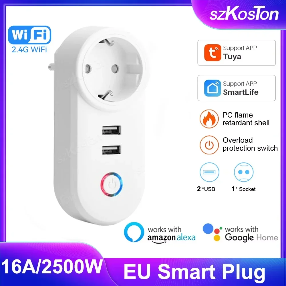 16A Tuya EU Wifi Smart Plug Wireless Outlet Dual USB Ports Socket Timer Smart Life Remote Control via Alexa Google Assistant