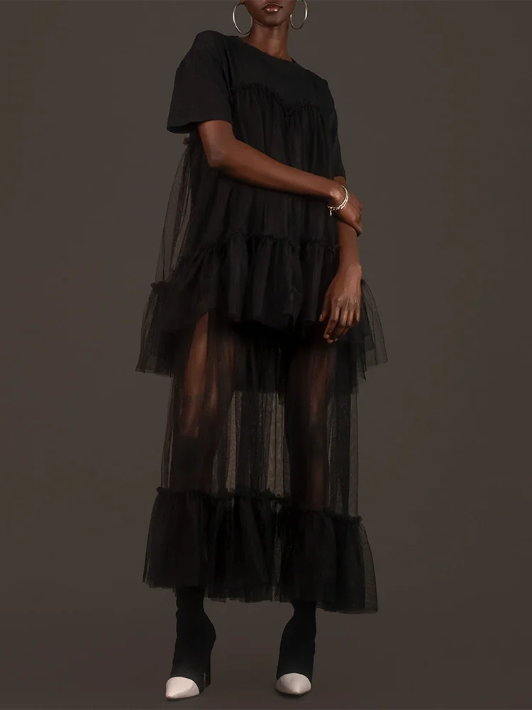 VGH Minimalist Patchwork Mesh Dresses For Women Rounf Neck Short Sleeve High Waist Pullover Soild Dress Female Fashion Clothing