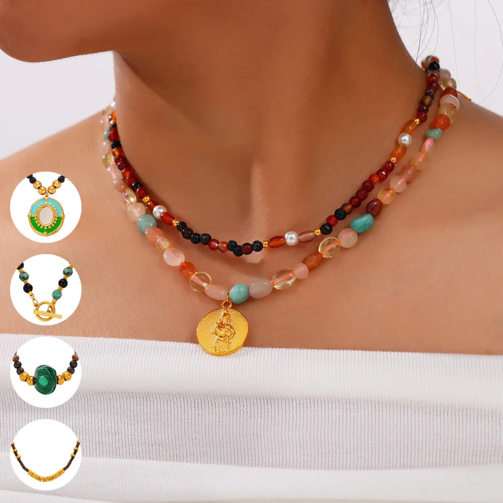 

French New Fashion Retro Light Luxury Natural Stone Agate Pendant Irregular Handmade Beaded Necklace