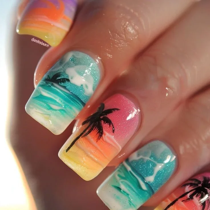 

24PCS Colorful Gradient Fake Nails Ocean Coconut Tree Patterns Short Square Wearable Press on Nails Sweet French False Nail Tips