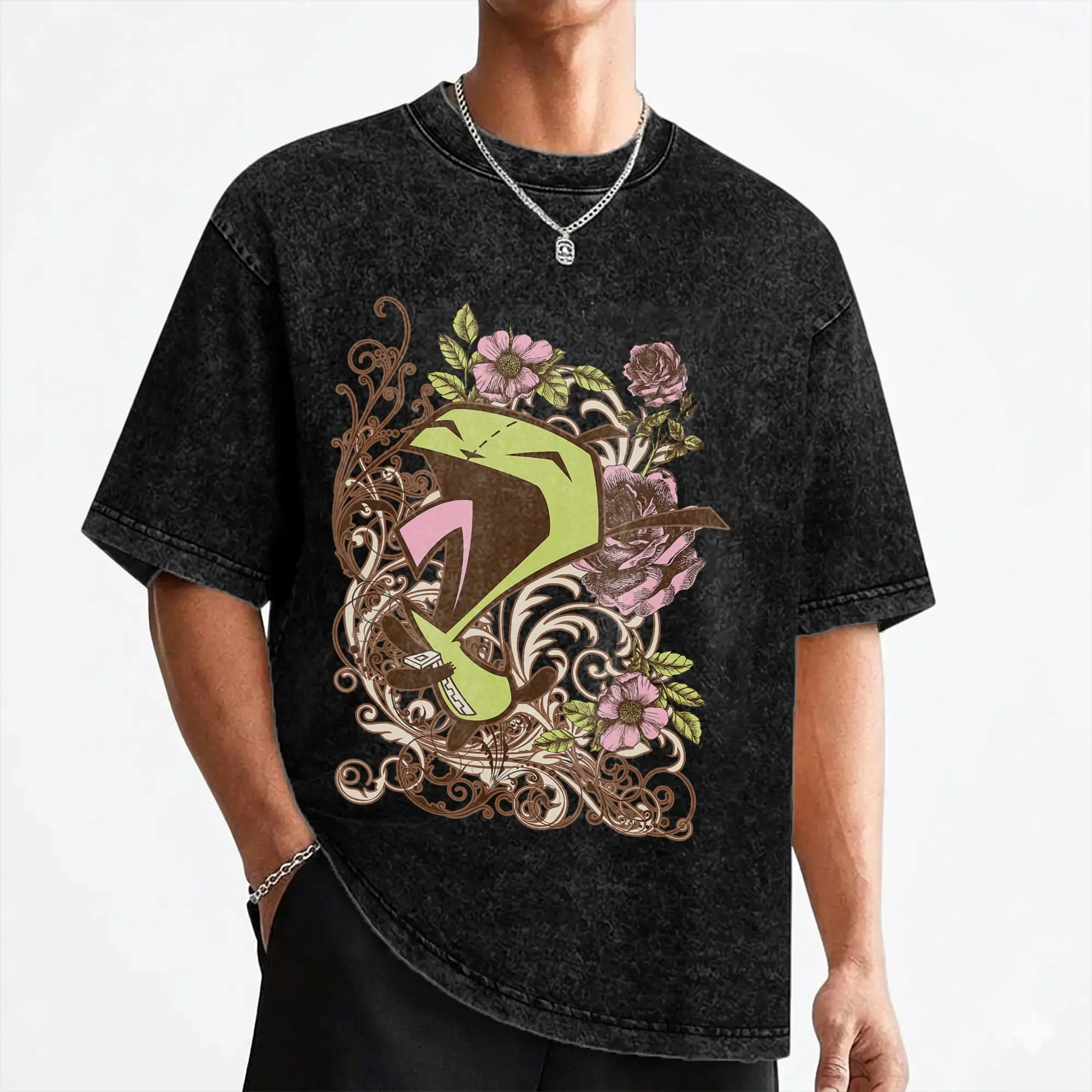 Invaders Zim Gir Screaming Floral Washed T Shirt Streetwear Cool T-Shirts  Tee Shirt Men Women Short Sleeve Oversize Graphic
