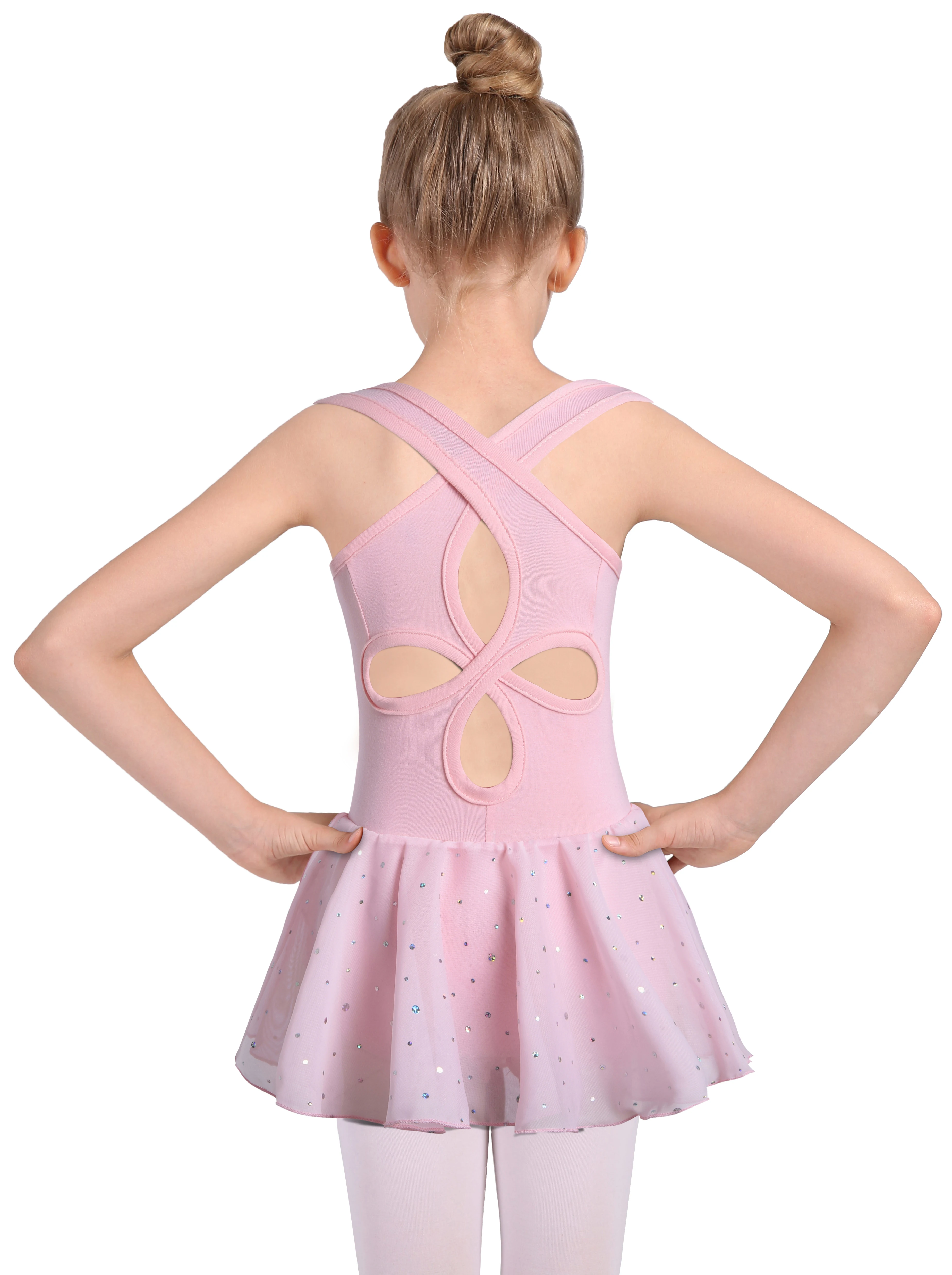 Girls Ballet Leotards for Dance Camisole Dress Hollow Crisscross Back,Shiny Skirt