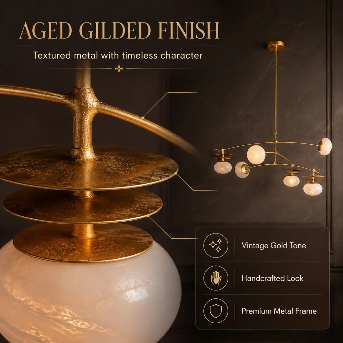 Postmodern 2026 Gold Leaf Branch Chandelier Faux Alabaster Glass Shade Vintage Gilded Hanging Lamp for Dining Living Room