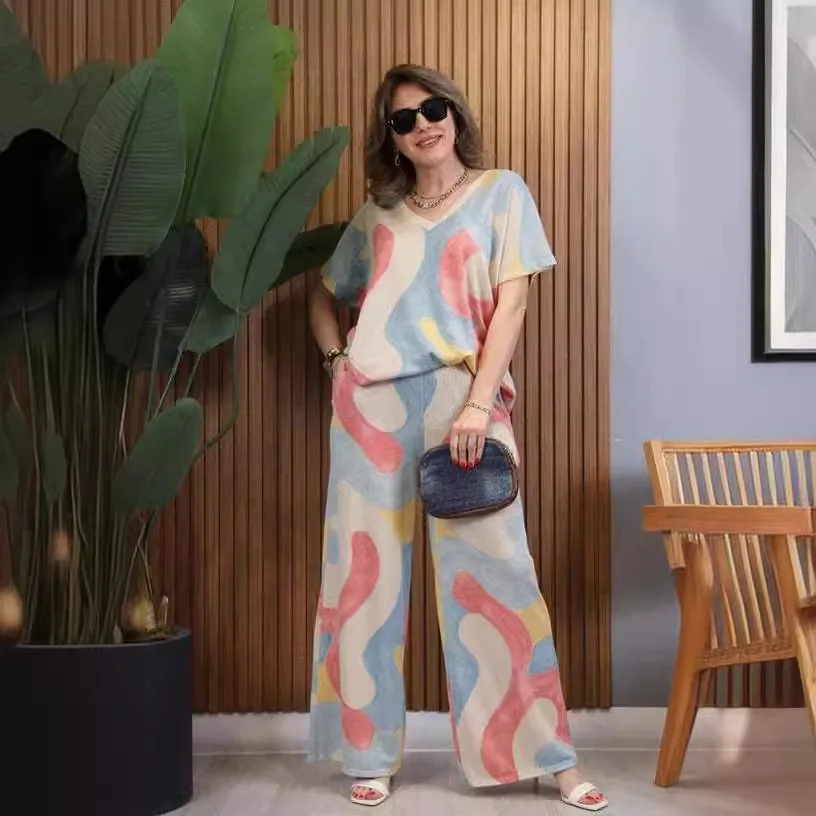 

Women's Two-piece Set Fashion Print 2025 Summer Loose V-neck Short-sleeve T-shirt Top Casual Wide-leg Pants Femme Home Wear Suit