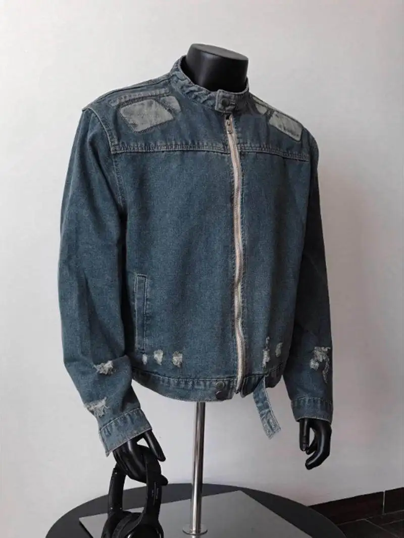 

Ретро-куртка из американского денима для женщин, свободного кроя, с дырками, в стиле Street Fighter, мотоциклетная, с воротником-стойкой, осень-зима