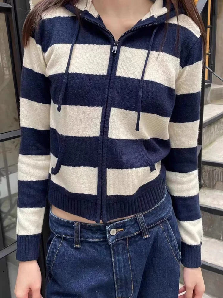 Casual Women Zip-up Striped Knit Cardigan 2023 Autumn Vintage Ladies Pocket Hooded Sweaters Female Chic Long Sleeve Tops