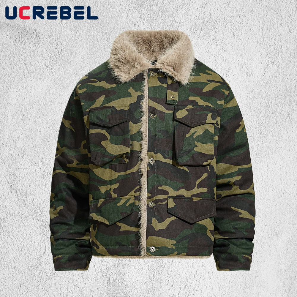 

Pocket Camouflage Cargo Padded Jacket Mens Winter Retro High Street Lapel Long Sleeve Single Breasted Thick Outerwear Man