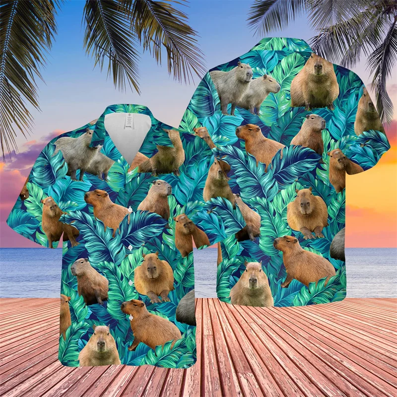 Animal Cute Capybara Graphic Shirts for Men Clothing 3D Printing Hawaiian Beach Shirt Short Sleeve y2k Tops Clothes Lapel Blouse