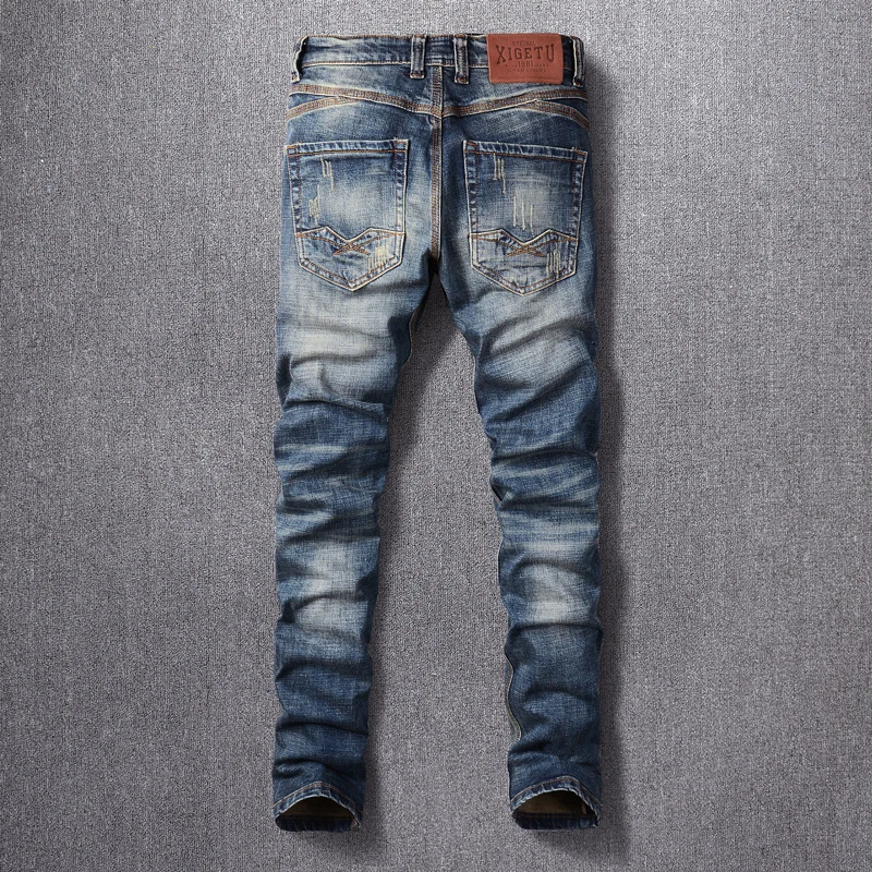 Designer Fashion Men Jeans Retro Washed Blue Stretch Slim Fit Ripped Jeans Men Italian Style Vintage Y2K Denim Pants Hombre