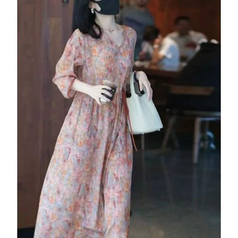 Korean Temperament 2024 Summer New Women\'s A-Line Dress V-Neck Printed Drawstring Elegant Loose Three Quarter Casual Long Dress