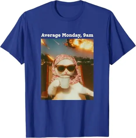 Cat Meme Average Monday 9AM Funny Sarcastic Back To Work Tee T-Shirt Hilarious Cat Coffee Workday Life Joke Saying Tee Novelty
