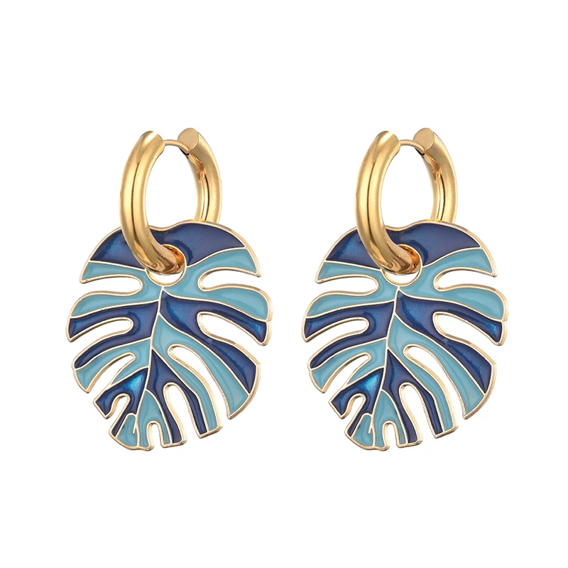 Heiße Bunte Große Blatt Anhänger Gold Farbe Edelstahl Ohrringe Für Frauen Schmuck Vintage Aussage Emaille Runde Creolen – Detail 4