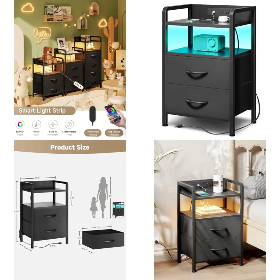 

Night Stand Bedside Charger Bedroom - Nightstand with Charging Station and LED Light Strip, Night Stand with Storage Shelf and