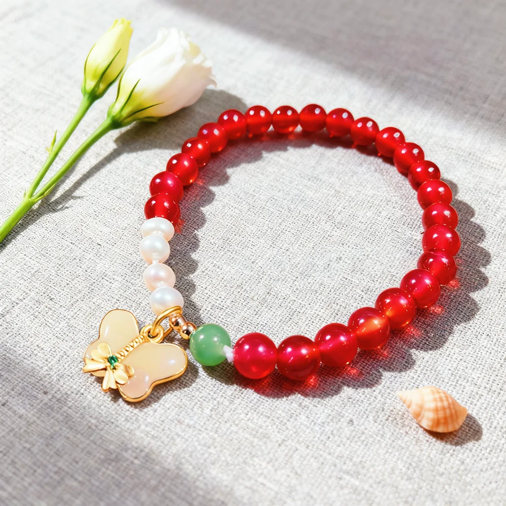 

JewelryBracelet Fashion Red Natural stone Pearl Butterfly Handmade Women's Bracelets Courage Growth Timeless Style Gift for Girl