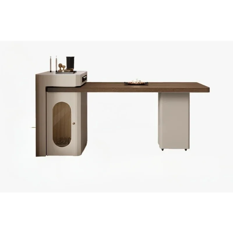 

Italian minimalist island dining table retractable wood grain rock slab household small apartment high-end light luxury