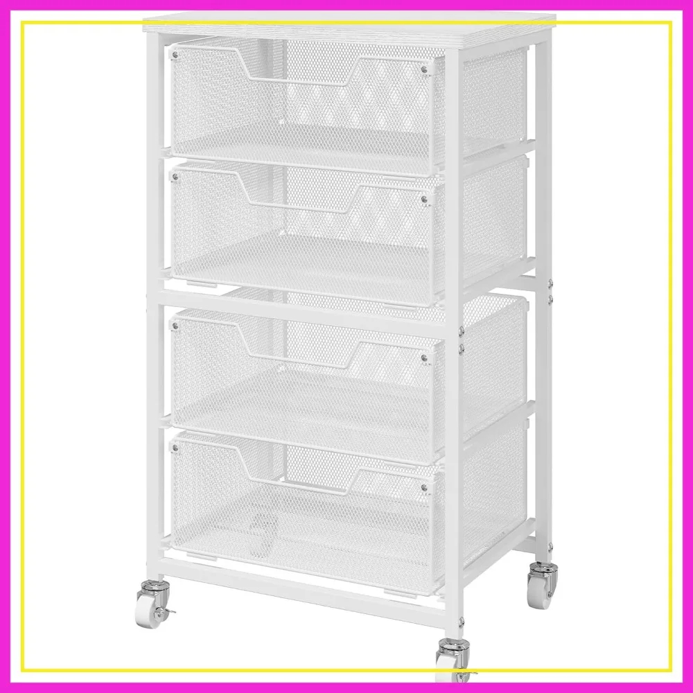 

4-Drawer Rolling Storage Cart with Wheels & Wooden Top, White Metal Utility Organizer for Office, Kitchen, Classroom
