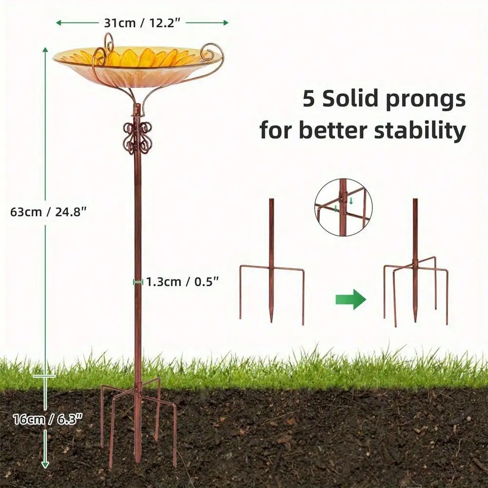 Garden Outdoor Glass Bird Bath with Metal Stake Sunflower Bird Feeder Birdbath