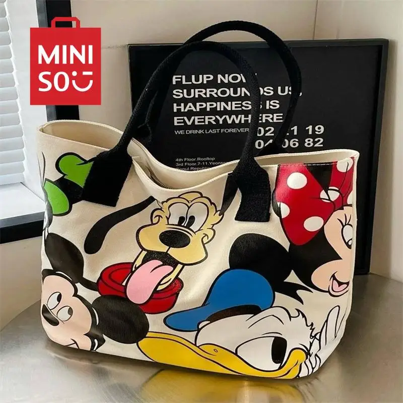 

MINISO new cute cartoon high flying dog tote bag one shoulder tote bag Mickey canvas bag, women's large capacity bag