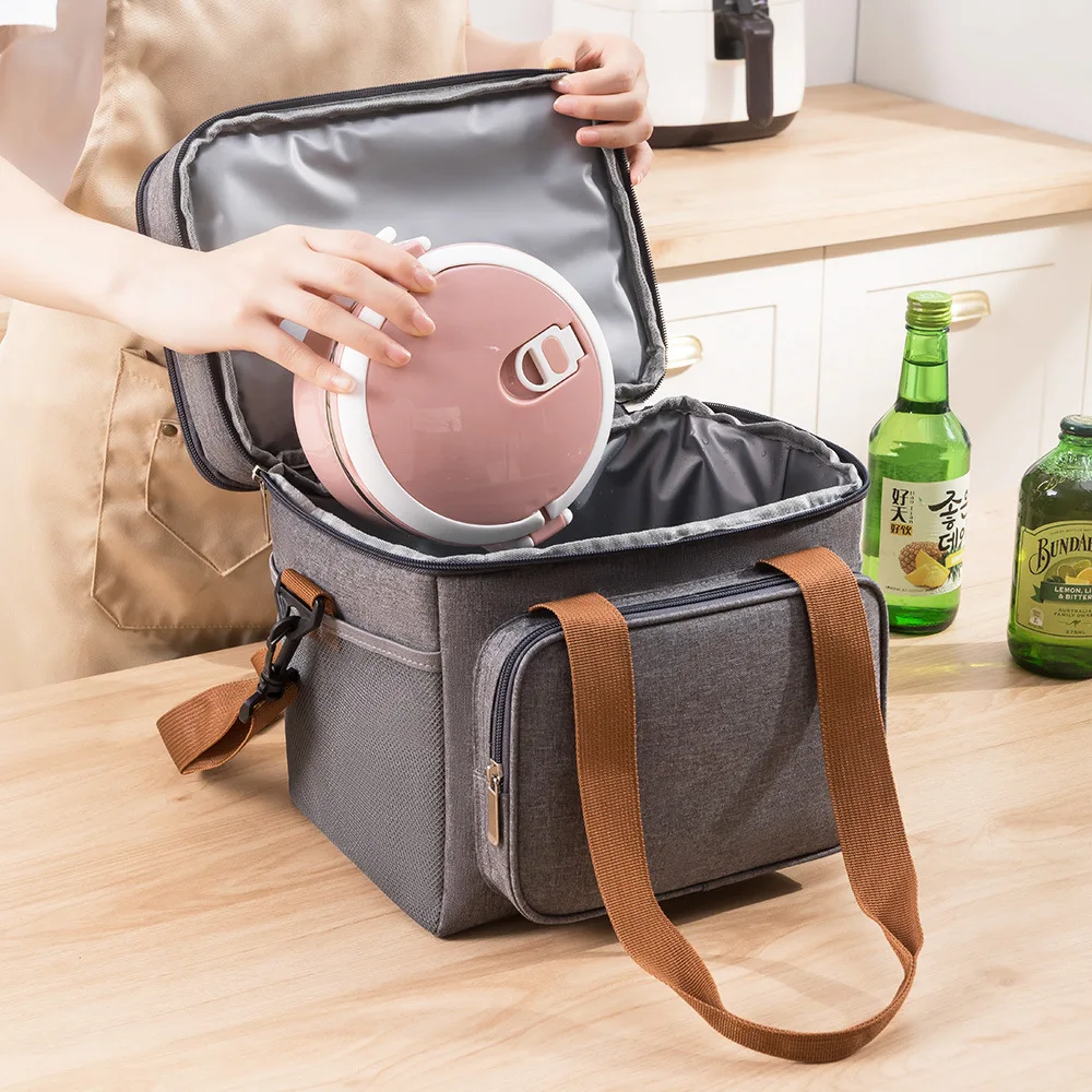 Double Layer Crossbody Lunch Bags Large Capacity Cooler Thermal Insulation Picnic Food Beverage Bag Outdoor Ice Bag Travel Bag