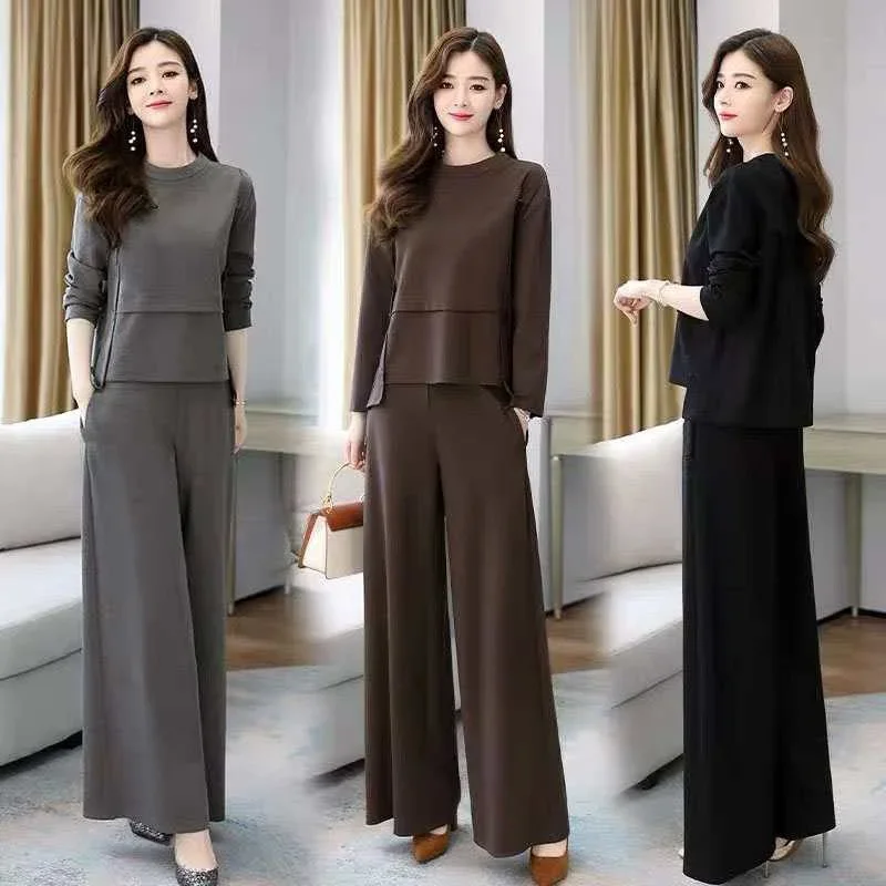 

Autumn Age-reducing Slimming Suit 2023 New Everything Belly Covering T-shirt Foreign Style Wide Leg Pants Women's Two-piece Set