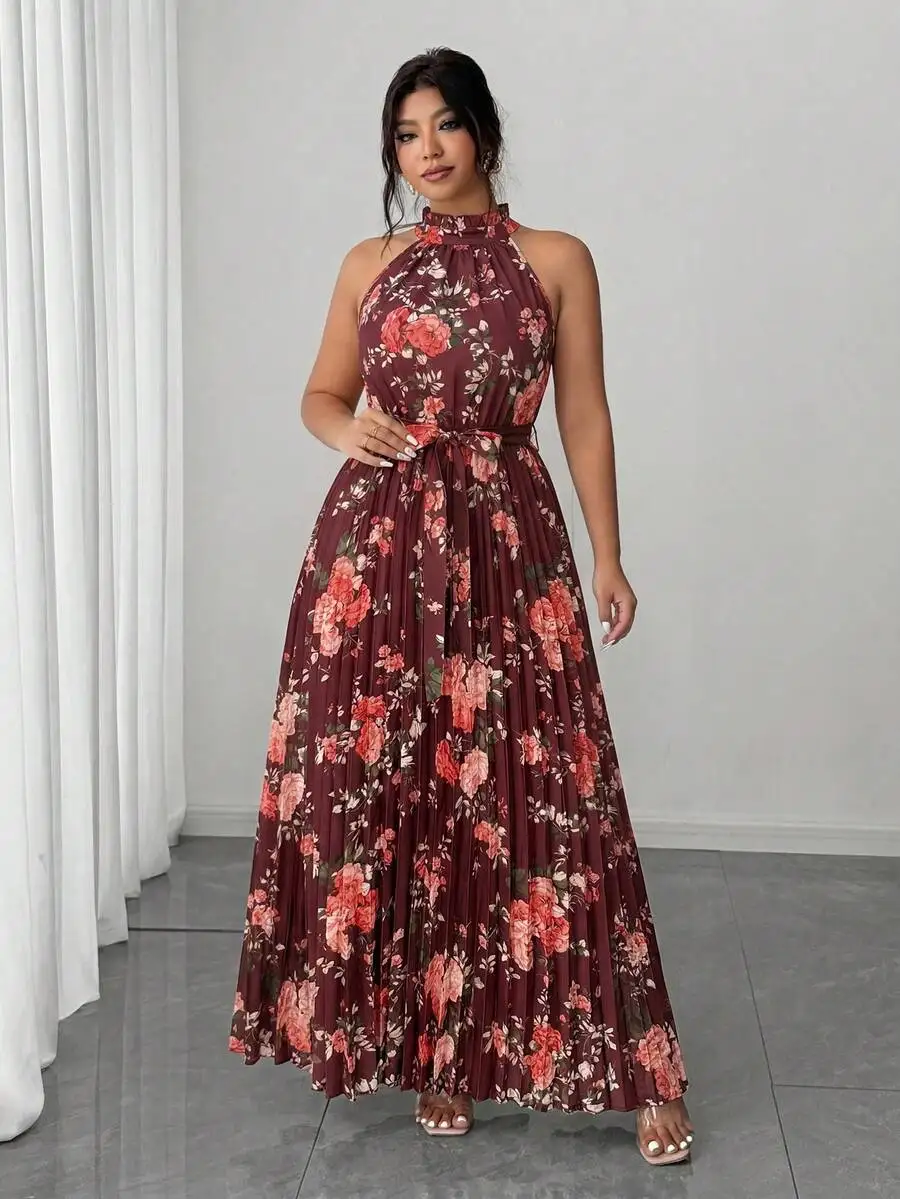 

Elegant Floral Halter Neck Pleated Maxi Dress For Women