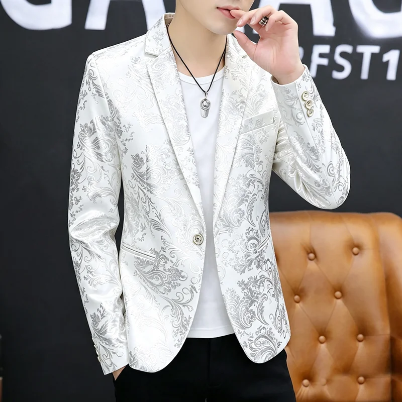 Blazer Men's, Fashionable Weddings Casual, Slim-fit Hairdresser Gentleman, Korean Style Banquets Business Gold Embossing Blazer