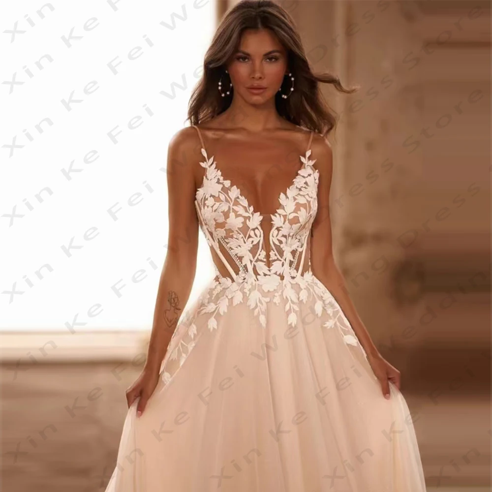 2024 splendidi abiti da sposa da donna Sexy scollo a v senza maniche in pizzo sottile Applique abiti da sposa principessa abito da festa formale bohémien