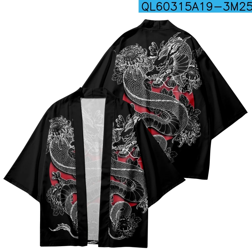 

Fashion Dragon Print Black Kimono Streetwear Cardigan Robe Summer Loose Japanese Coat Women Men Haori Tops Yukata Samurai