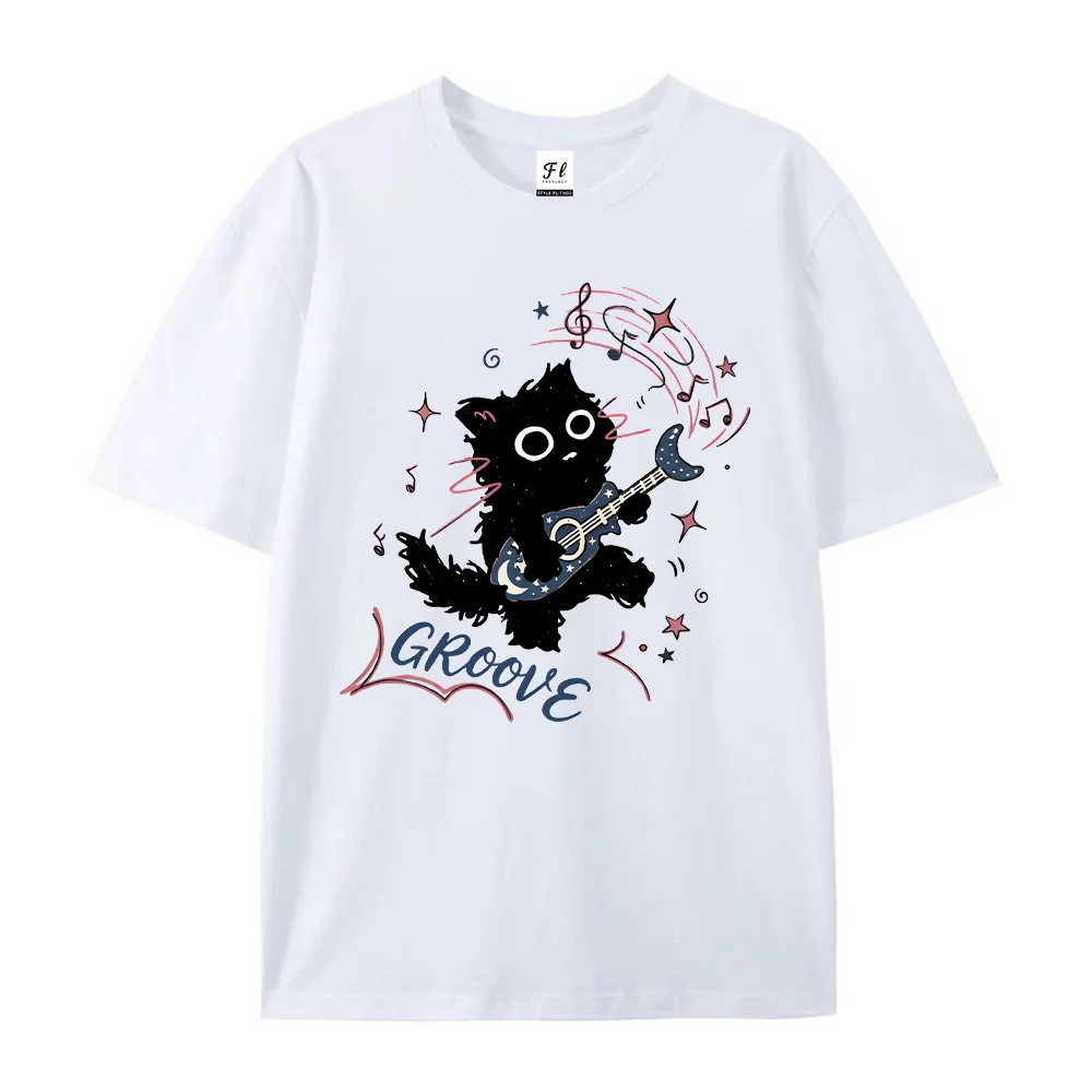 Women T Shirt Cute Black Cat Guitar Graphic Tees Funny Music Groove Kawaii Kitten Y2K Aesthetic White Short Sleeve Tops