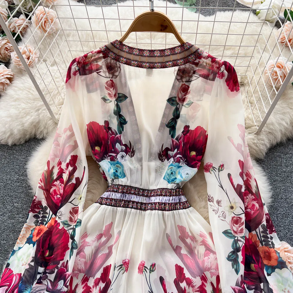 Women Deep V-Neck Bohemian Style Dress Spring Summer Runway Long Sleeve Casual Floral Print Ruffles Sweet Cascading Vestidos