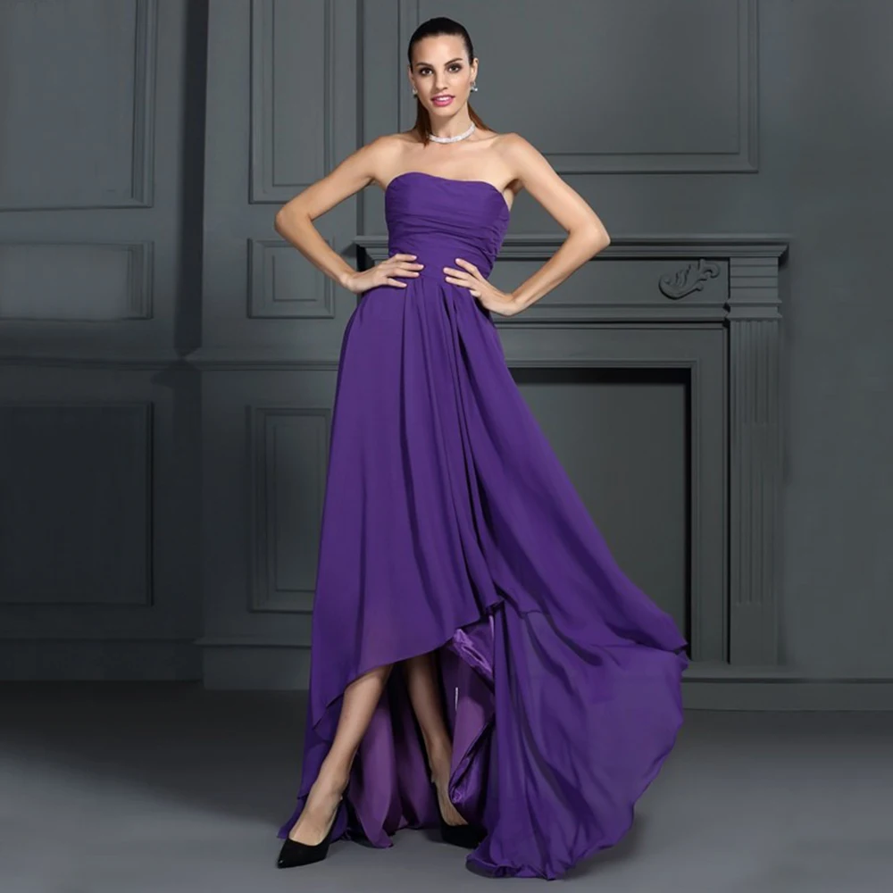 

Simple A Line Floor Length Evening Dress For Bride Hi-Lo Sexy Strapless Chiffon And Satin Bridal Party Gowns Vestidos De Novia