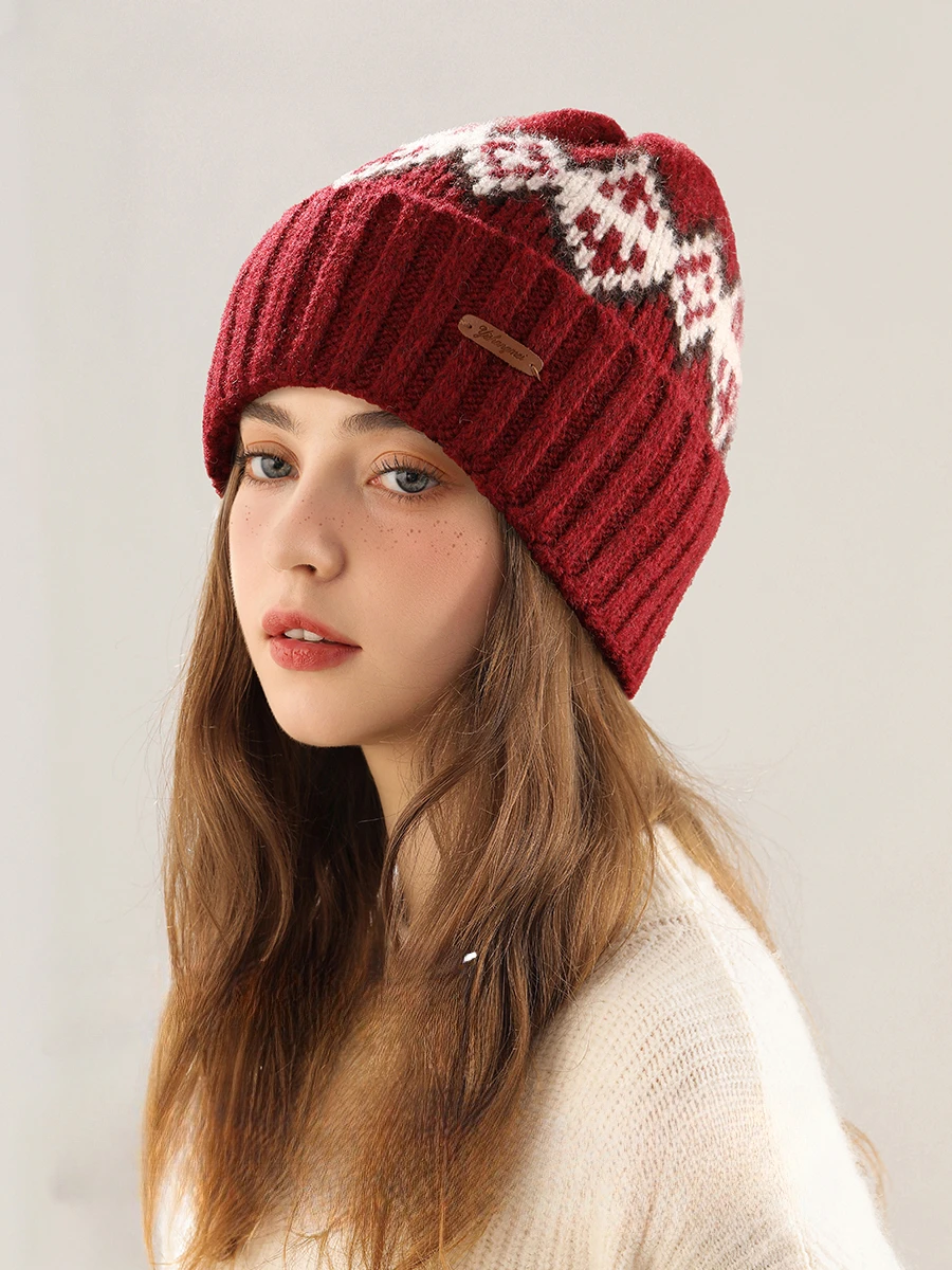 USPOP Autumn Winter Knitted Beanie for Women and Men, Wool Blend Diamond Lattice Warm Hat, Outdoor Ear Protection for Large Head