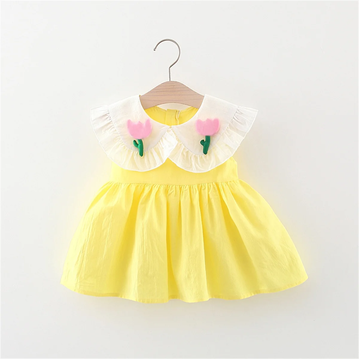 Summer Girls\' Dress New Stereoscopic Flower Wood Ear Edge Doll Collar Contrast Sleeveless Daily Wear