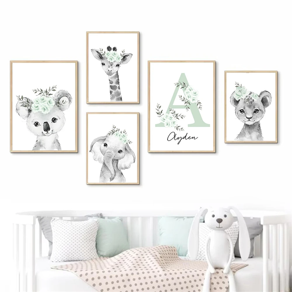 Custom Baby Canvas Print Lion Elephant Giraffe Koala Poster Personalized Name Wall Art Nursery Painting Pictures Kids Room Decor