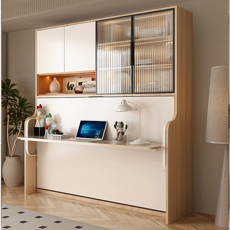 Multifunctional Kids' Murphy Wall Bed with Integrated Study Bookcase Foldable Rotating Antique Wood Panel Modern Appearance