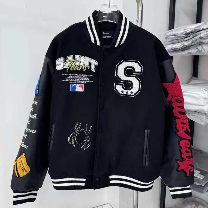 Saint Jackets High Street Embroidered Letter-split Leather Baseball Jacket Fall Winter Thickened Loose Coat Men Women