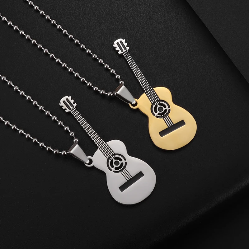 Exquisite Guitar Necklace Men\\\'s Stainless Steel Rock Electric Guitar Bass Pendant Necklace Hip Hop Music Style Personality Gift