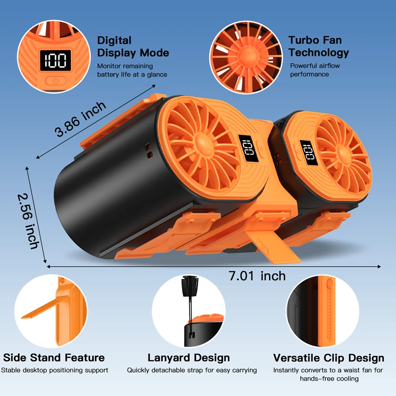 Double Air Duct High Speed Waist Hanging Fan 2-in-1 Digital Display Rechargeable Handheld Desktop Hanging Neck Clip New