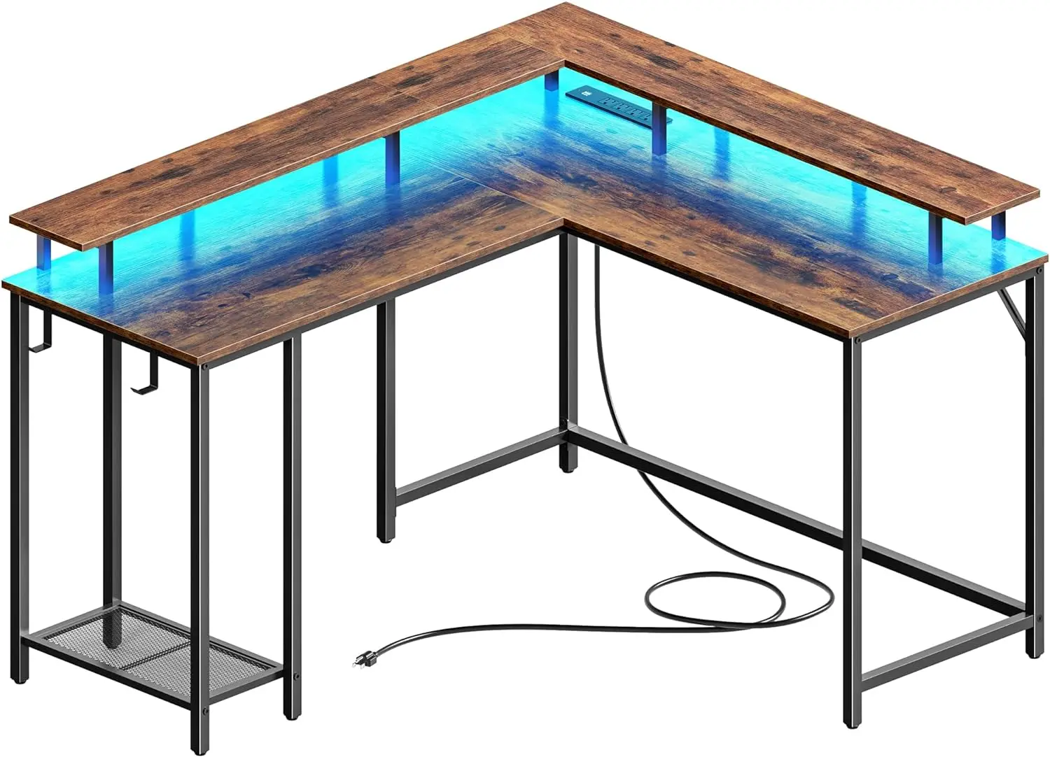 

Desk L Shaped Gaming Desk with LED Lights & Power Outlets, Computer Desk with Monitor Stand, with Headphone Hooks